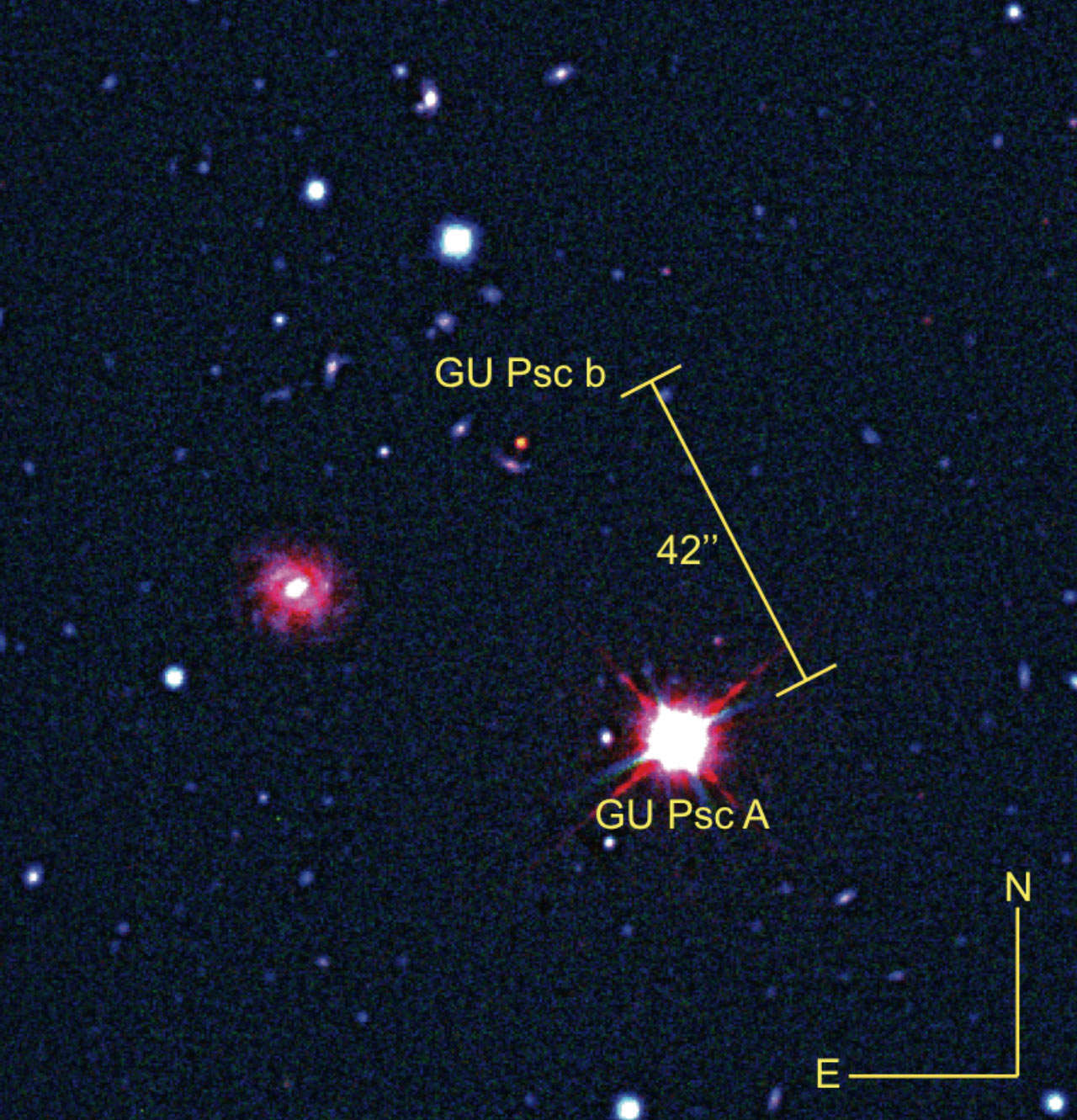 Это составное изображение показывает экзопланету GU Psc b и материнскую звезду